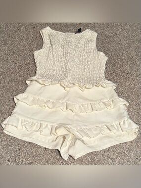 PrettyLittleThing woven shirred boat neck playsuit in cream